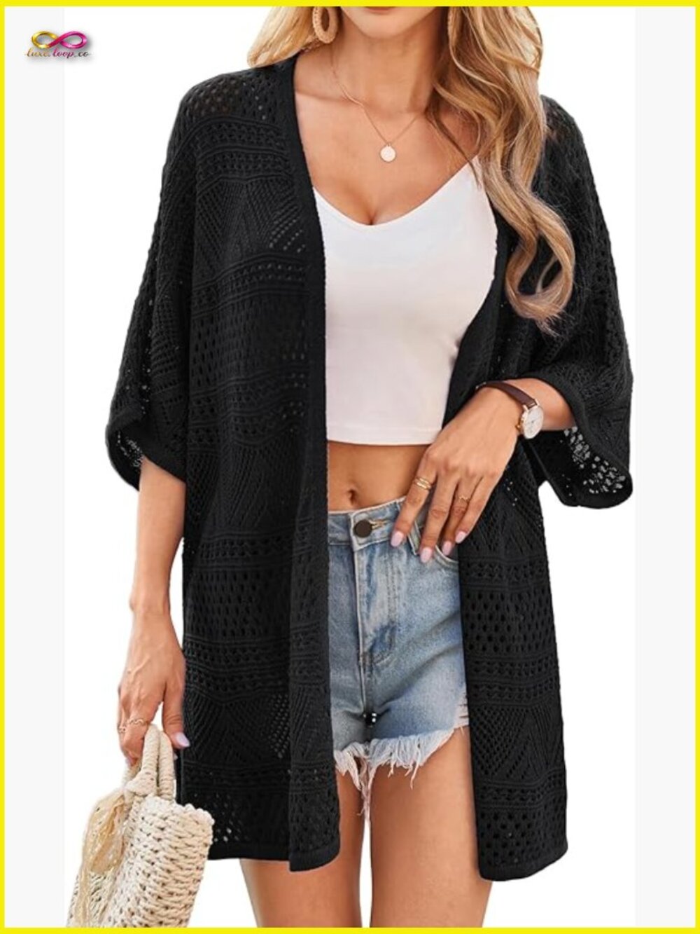 Short Sleeve Crochet Cardigan Sweater Lightweight Oversized Boho Kimono Knit